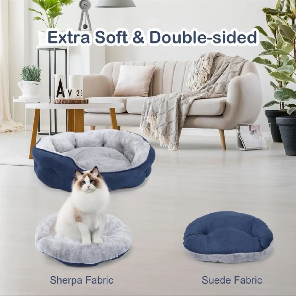 PureWags Navy & Gray 20 Inch Round Washable Cat Bed with Non-Slip Base